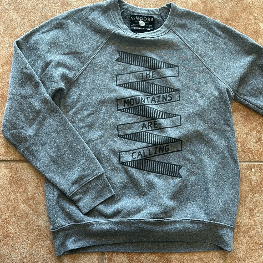 “The Mountains are Calling” hand printed Crew Neck Sweater!